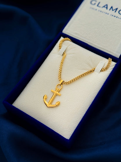 Glamon New Gold Coated Anchor Pendant with 3mm Franco Chain | 60cm Premium Men’s Necklace