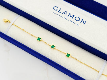Glamon Green Zircon Bracelet – Gold Coated Luxury Chain Bracelet for Women | Emerald-Tone Zircon Stones | Adjustable Elegant Gift Jewelry for Daily Wear & Special Occasions