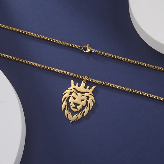 Lion With King Crown Necklace For Men Sri Lanka Cricket Lion Charm Necklace Vintage Mens Box Chain Necklace Pendant Choker Jewelry Gifts for Men
