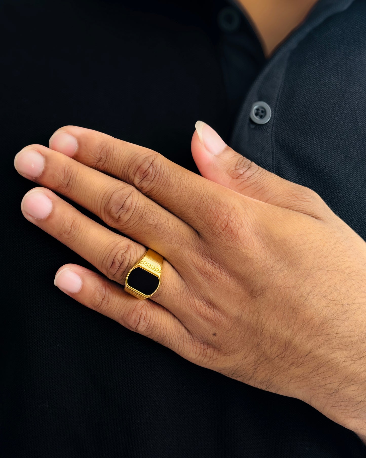 Glamon AUREX Black Signet Ring for Men Premium Gold Coated 316L Stainless Steel Waterproof Luxury Mens Ring