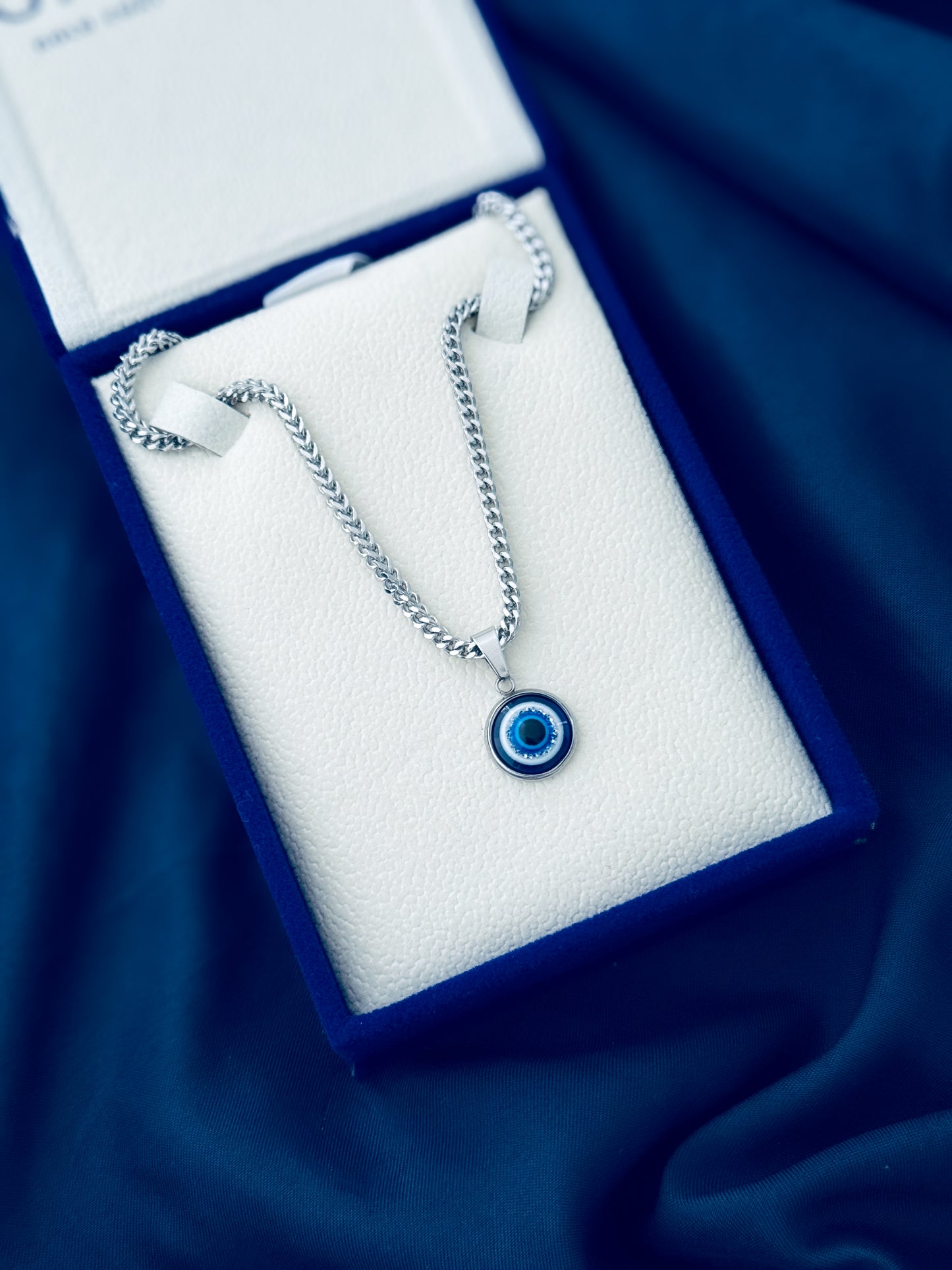 Guardian Eye Necklace for Men – Silver Color Evil Eye Pendant with 3mm Diamond Cut Franco Chain | 316L Stainless Steel Waterproof Necklace
