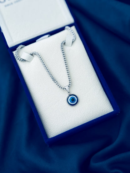 Guardian Eye Necklace for Men – Silver Color Evil Eye Pendant with 3mm Diamond Cut Franco Chain | 316L Stainless Steel Waterproof Necklace
