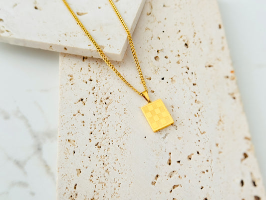 Glamon Checkered Pendant Necklace for Men – Gold Coated 316L Stainless Steel Chain | Waterproof 2mm Cuban Link | Premium Gift For men