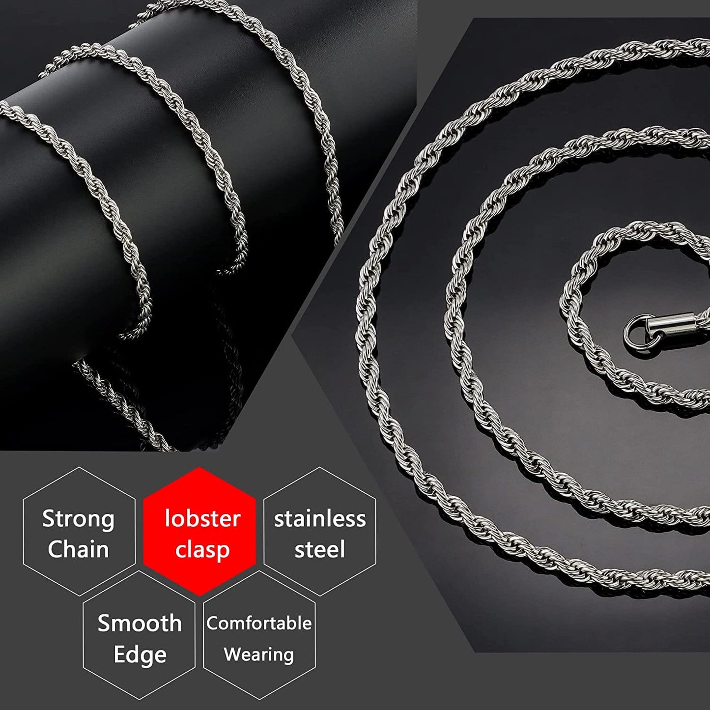 3mm-5mm Rope Chain Necklace Stainless Steel Never Fade Waterproof Men Women Necklaces