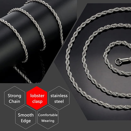 3mm-5mm Rope Chain Necklace Stainless Steel Never Fade Waterproof Men Women Necklaces
