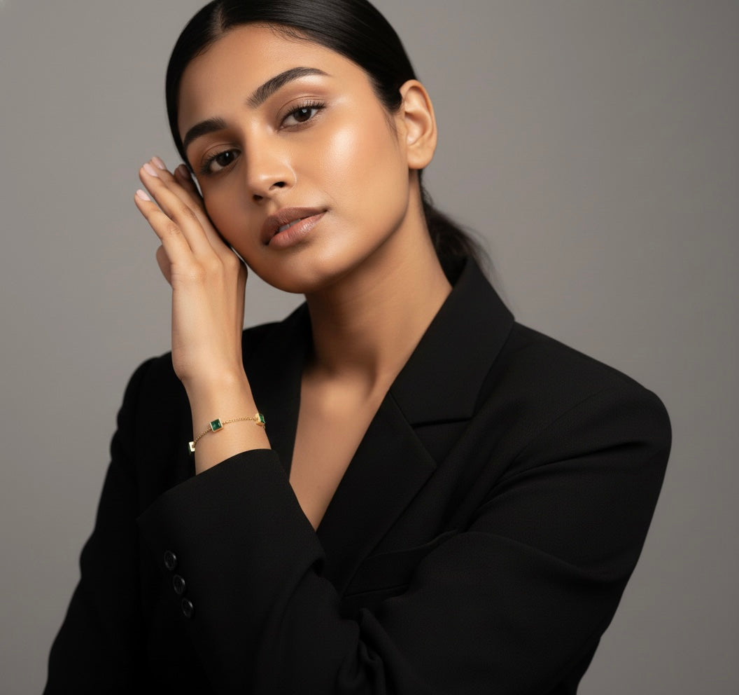 Glamon Green Zircon Bracelet – Gold Coated Luxury Chain Bracelet for Women | Emerald-Tone Zircon Stones | Adjustable Elegant Gift Jewelry for Daily Wear & Special Occasions