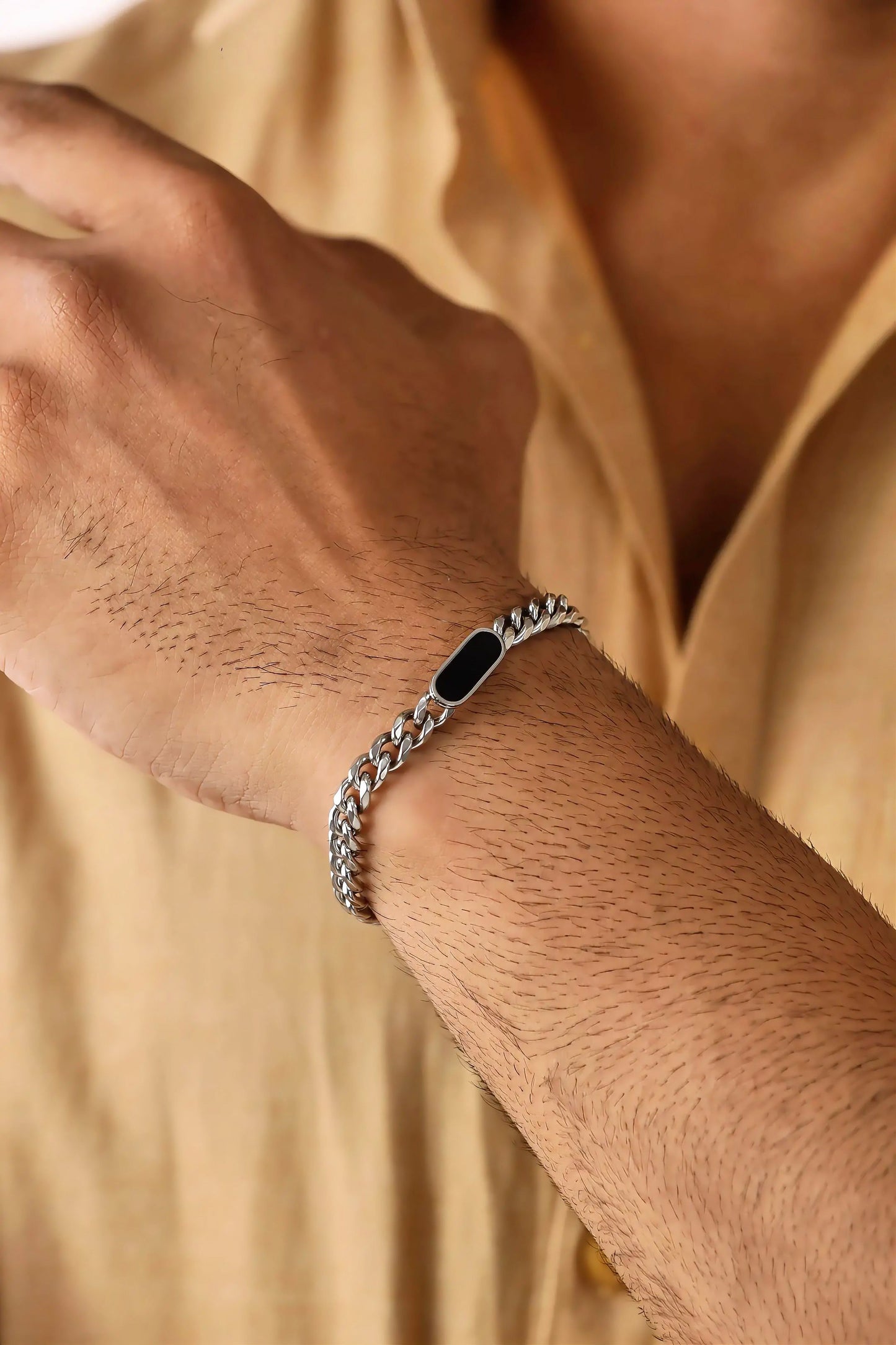 Glamon Midnight Luxe Men’s Silver Bracelet – 316L Stainless Steel Curb Chain Bracelet | Luxury Gift for Boyfriend