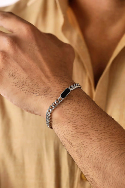 Glamon Midnight Luxe Men’s Silver Bracelet – 316L Stainless Steel Curb Chain Bracelet | Luxury Gift for Boyfriend