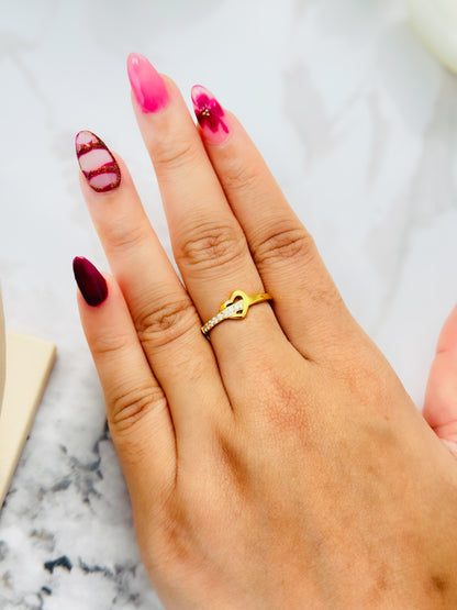 Glamon Crystal Heart Promise Ring – Gold Coated Zircon Heart Ring for Women | Waterproof Stainless Steel | Romantic Gift for Her