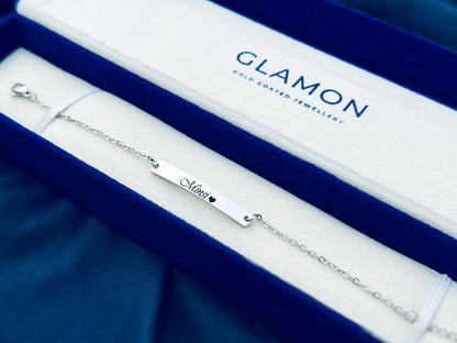 Glamon Name Engraved Silver Bracelet for Girls | Customized 316L Stainless Steel Waterproof Bracelet | Premium Gift for Her with Box & Bag