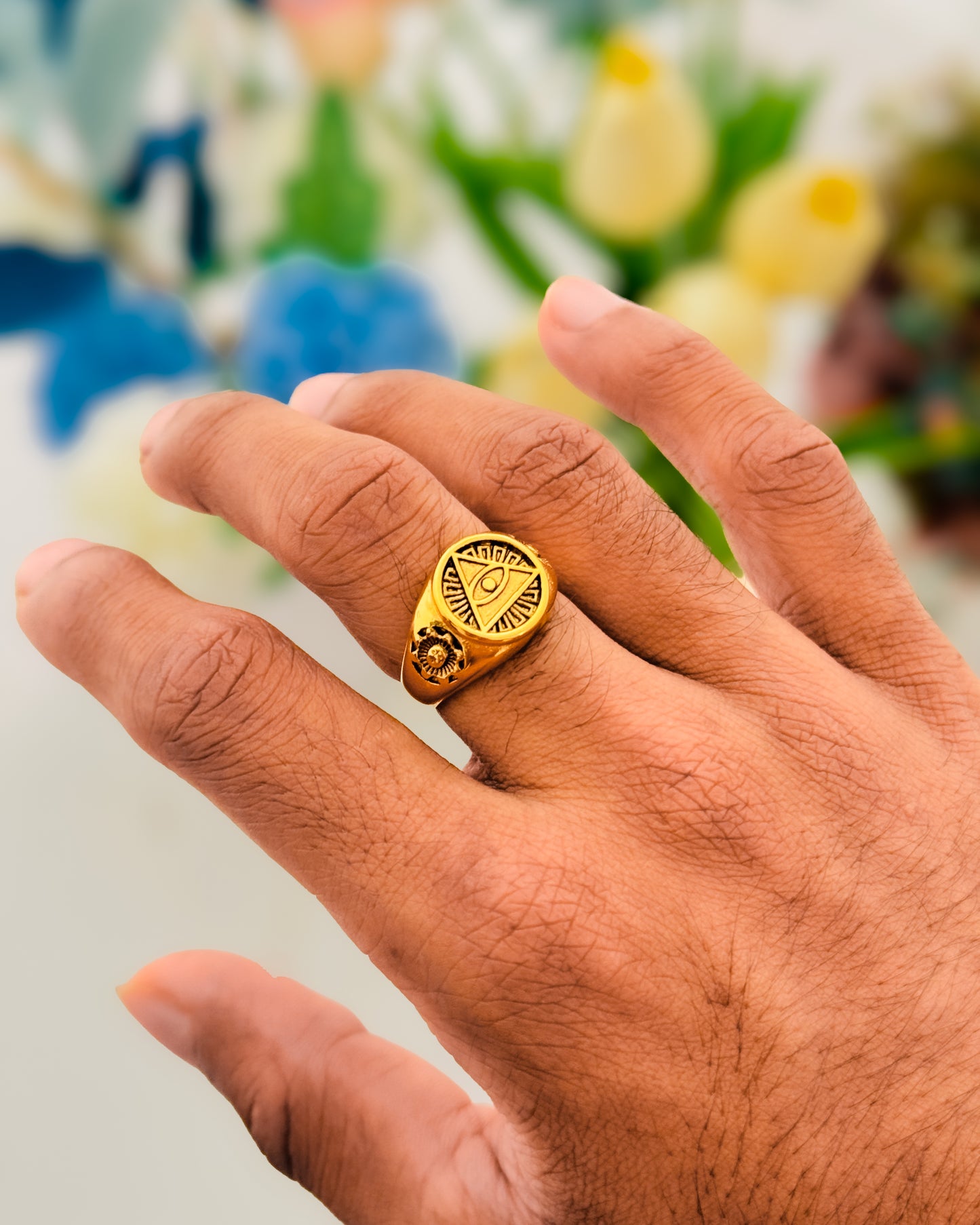 Glamon Guardian Eye Ring for Men – Gold Coated 316L Stainless Steel Evil Eye Signet Ring Luxury Waterproof Statement Jewelry Gift for Him