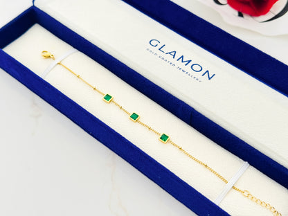 Glamon Green Zircon Bracelet – Gold Coated Luxury Chain Bracelet for Women | Emerald-Tone Zircon Stones | Adjustable Elegant Gift Jewelry for Daily Wear & Special Occasions