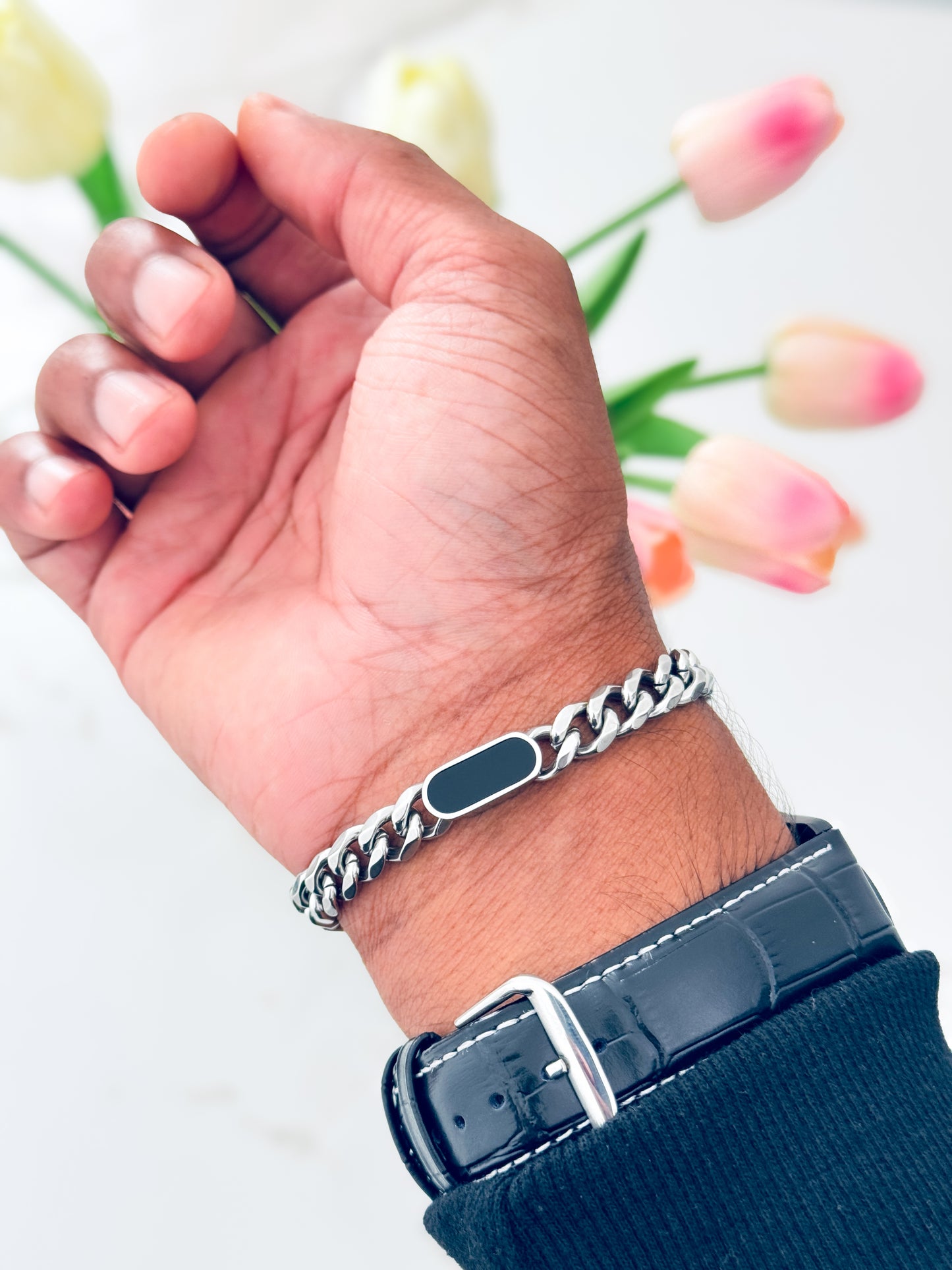 Glamon Midnight Luxe Men’s Silver Bracelet – 316L Stainless Steel Curb Chain Bracelet | Luxury Gift for Boyfriend