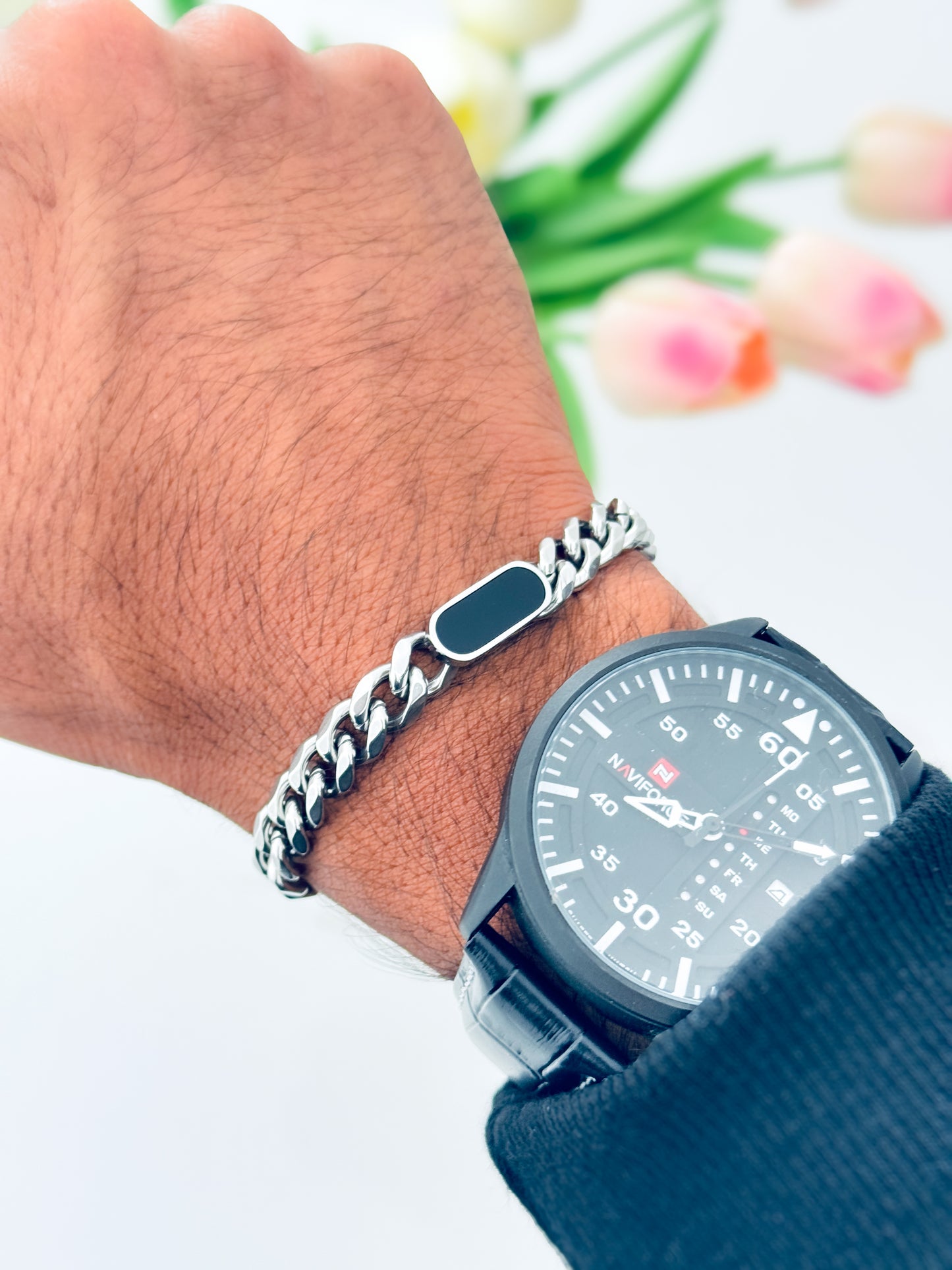 Glamon Midnight Luxe Men’s Silver Bracelet – 316L Stainless Steel Curb Chain Bracelet | Luxury Gift for Boyfriend