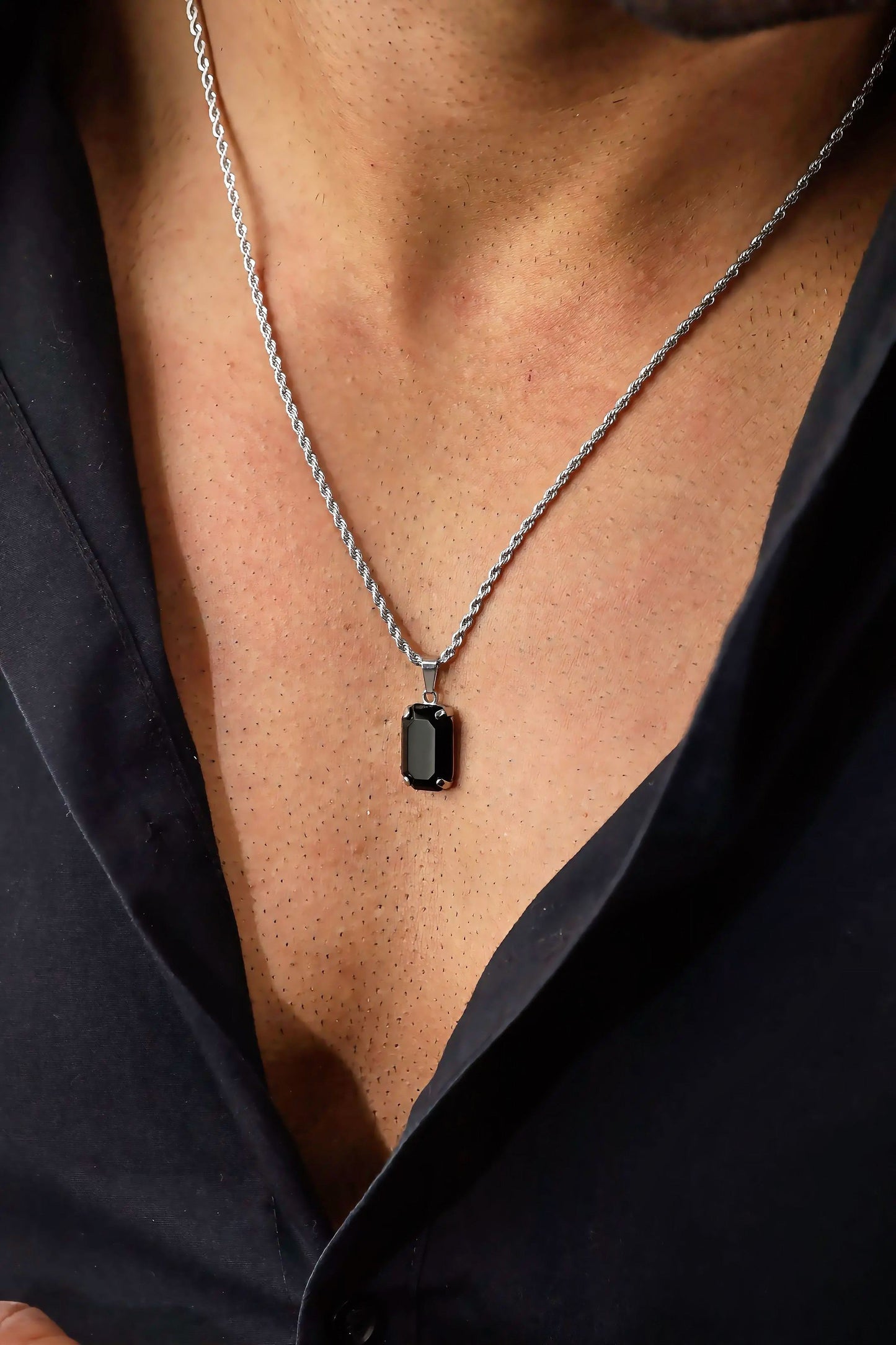 Glamon Dark Aura Silver Necklace for Men Black Onyx Pendant with Rope Chain Premium 316L Stainless Steel Waterproof