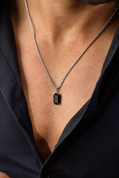Glamon Dark Aura Silver Necklace for Men Black Onyx Pendant with Rope Chain Premium 316L Stainless Steel Waterproof