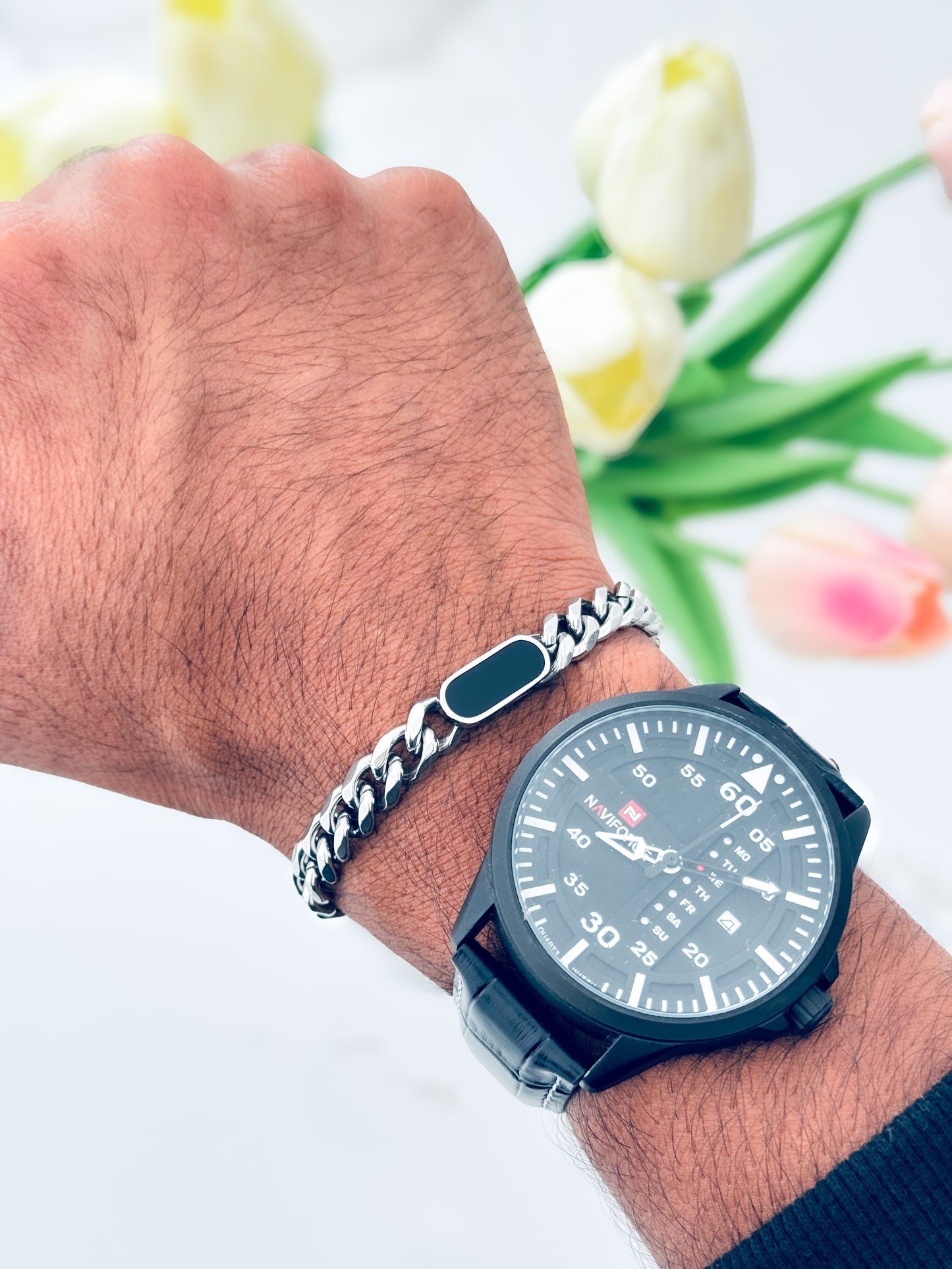 Glamon Midnight Luxe Men’s Silver Bracelet – 316L Stainless Steel Curb Chain Bracelet | Luxury Gift for Boyfriend