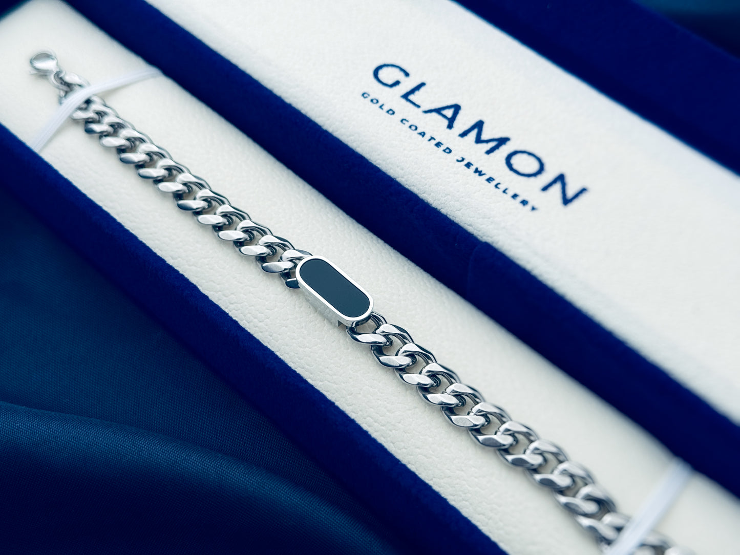 Glamon Midnight Luxe Men’s Silver Bracelet – 316L Stainless Steel Curb Chain Bracelet | Luxury Gift for Boyfriend