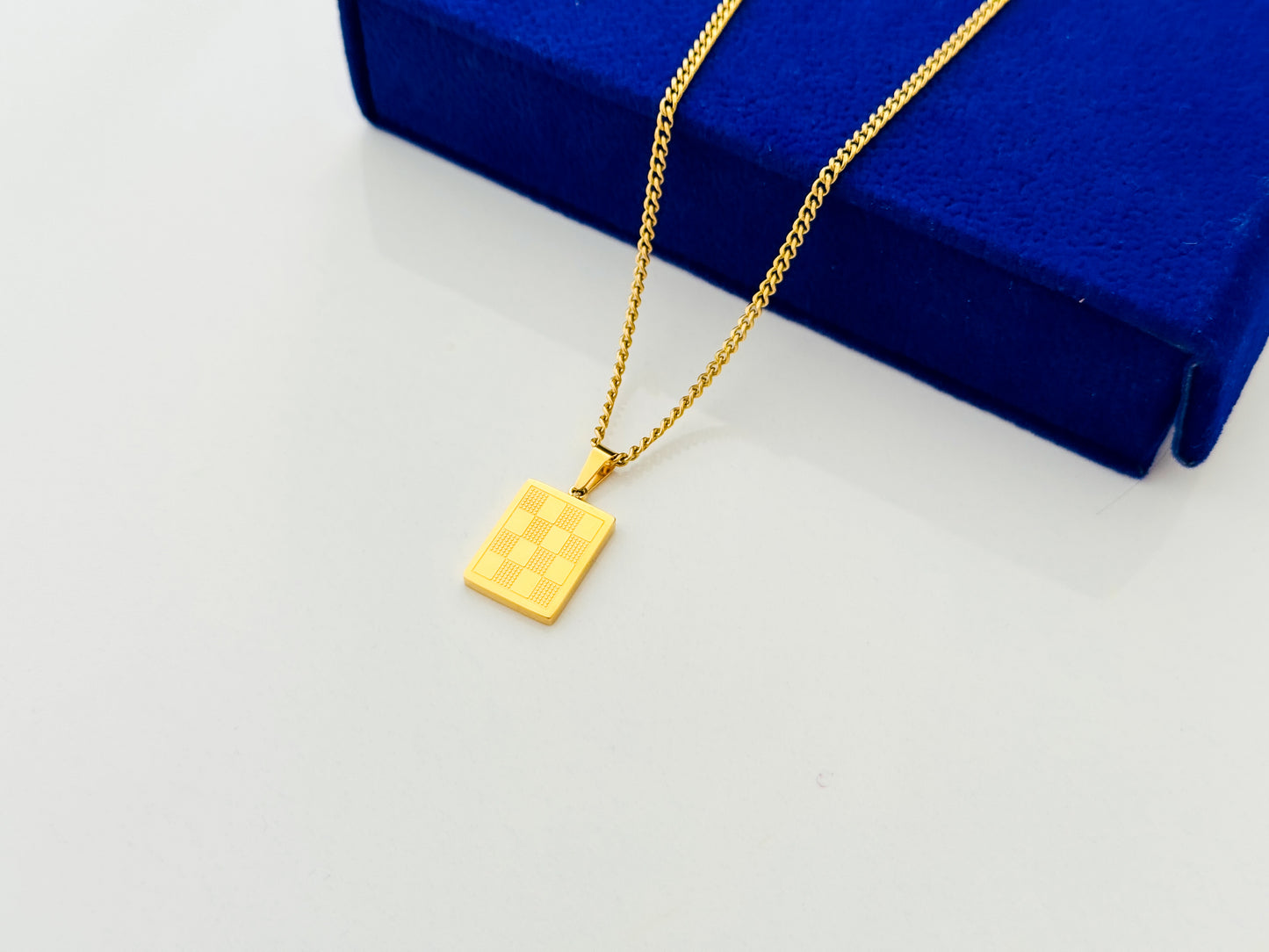 Glamon Checkered Pendant Necklace for Men – Gold Coated 316L Stainless Steel Chain | Waterproof 2mm Cuban Link | Premium Gift For men