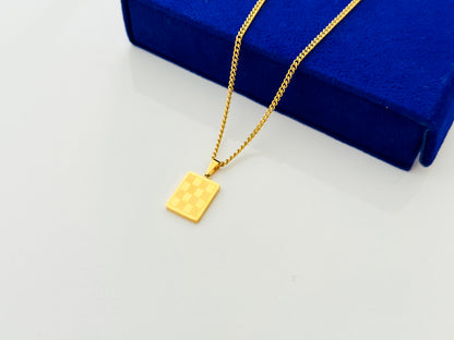 Glamon Checkered Pendant Necklace for Men – Gold Coated 316L Stainless Steel Chain | Waterproof 2mm Cuban Link | Premium Gift For men