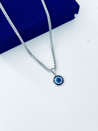 Guardian Eye Necklace for Men – Silver Color Evil Eye Pendant with 3mm Diamond Cut Franco Chain | 316L Stainless Steel Waterproof Necklace