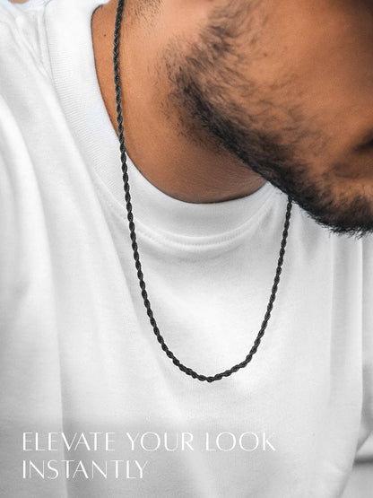 Glamon 3mm Black Rope Chain Necklace for Men – Premium 316L Stainless Steel Twisted Chain