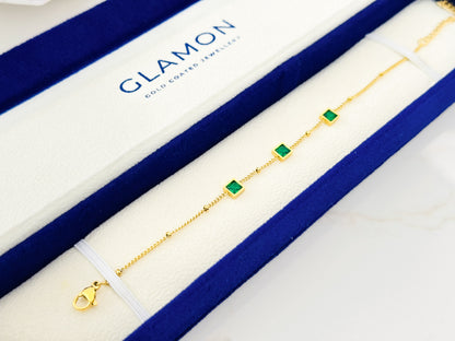Glamon Green Zircon Bracelet – Gold Coated Luxury Chain Bracelet for Women | Emerald-Tone Zircon Stones | Adjustable Elegant Gift Jewelry for Daily Wear & Special Occasions