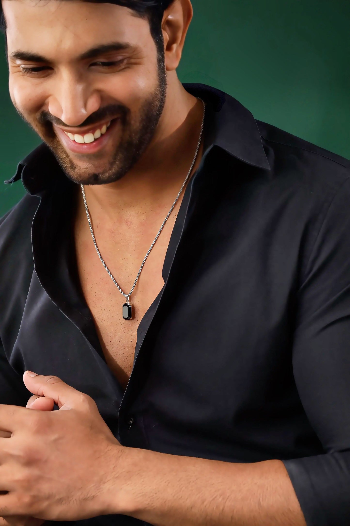 Glamon Dark Aura Silver Necklace for Men Black Onyx Pendant with Rope Chain Premium 316L Stainless Steel Waterproof