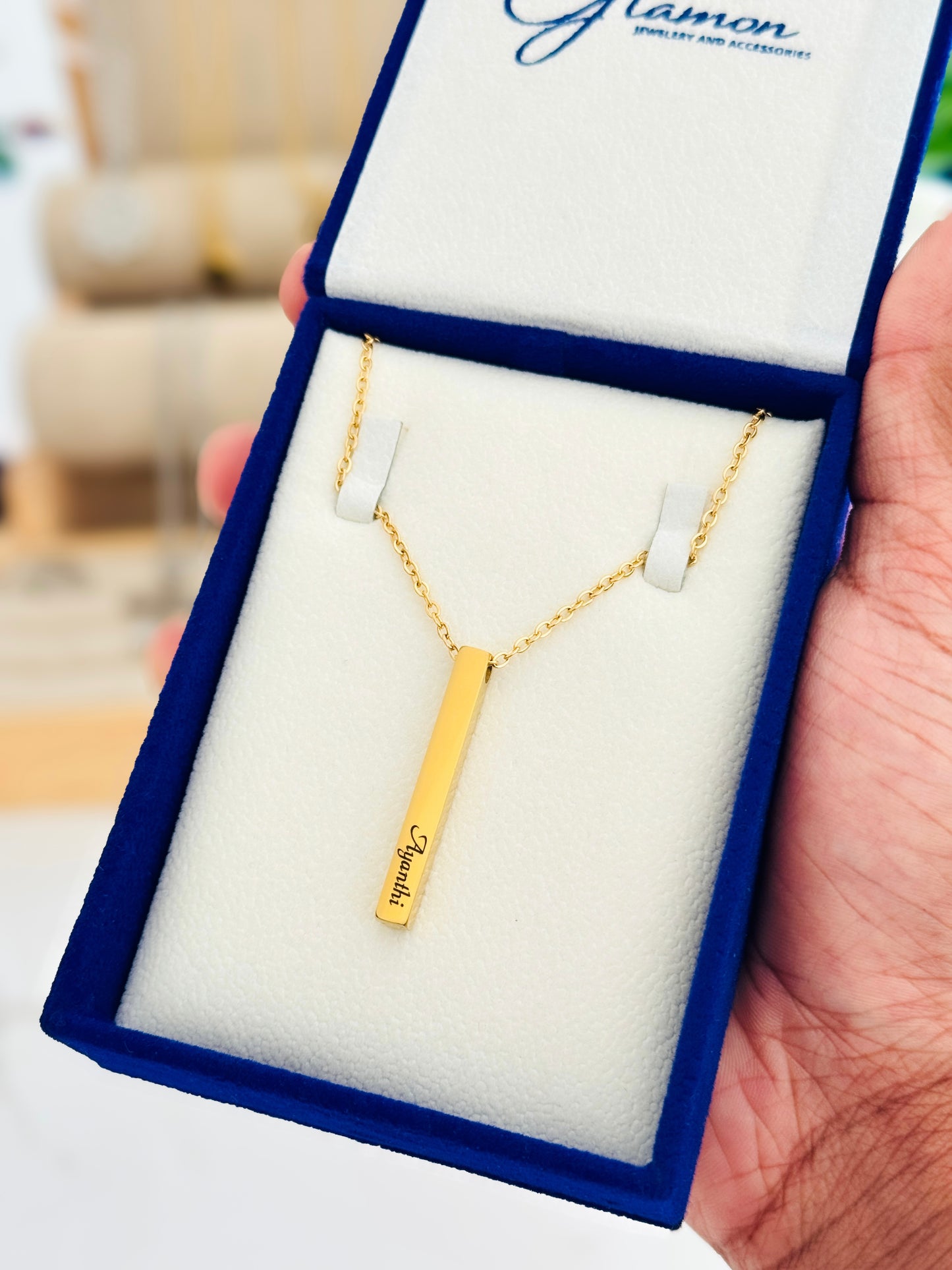 Customized Rectangle Bar Name Necklace with Gift Box for Him & Her | Personalized Gold Necklace