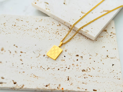 Glamon Checkered Pendant Necklace for Men – Gold Coated 316L Stainless Steel Chain | Waterproof 2mm Cuban Link | Premium Gift For men