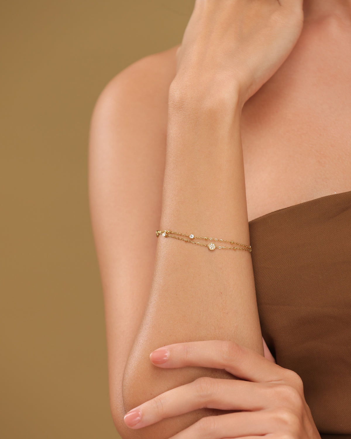Glamon Liora Crystal Gold Bracelet for Women – Waterproof Gold-Coated Stainless Steel Double Chain Bracelet, Luxury Gift for Her