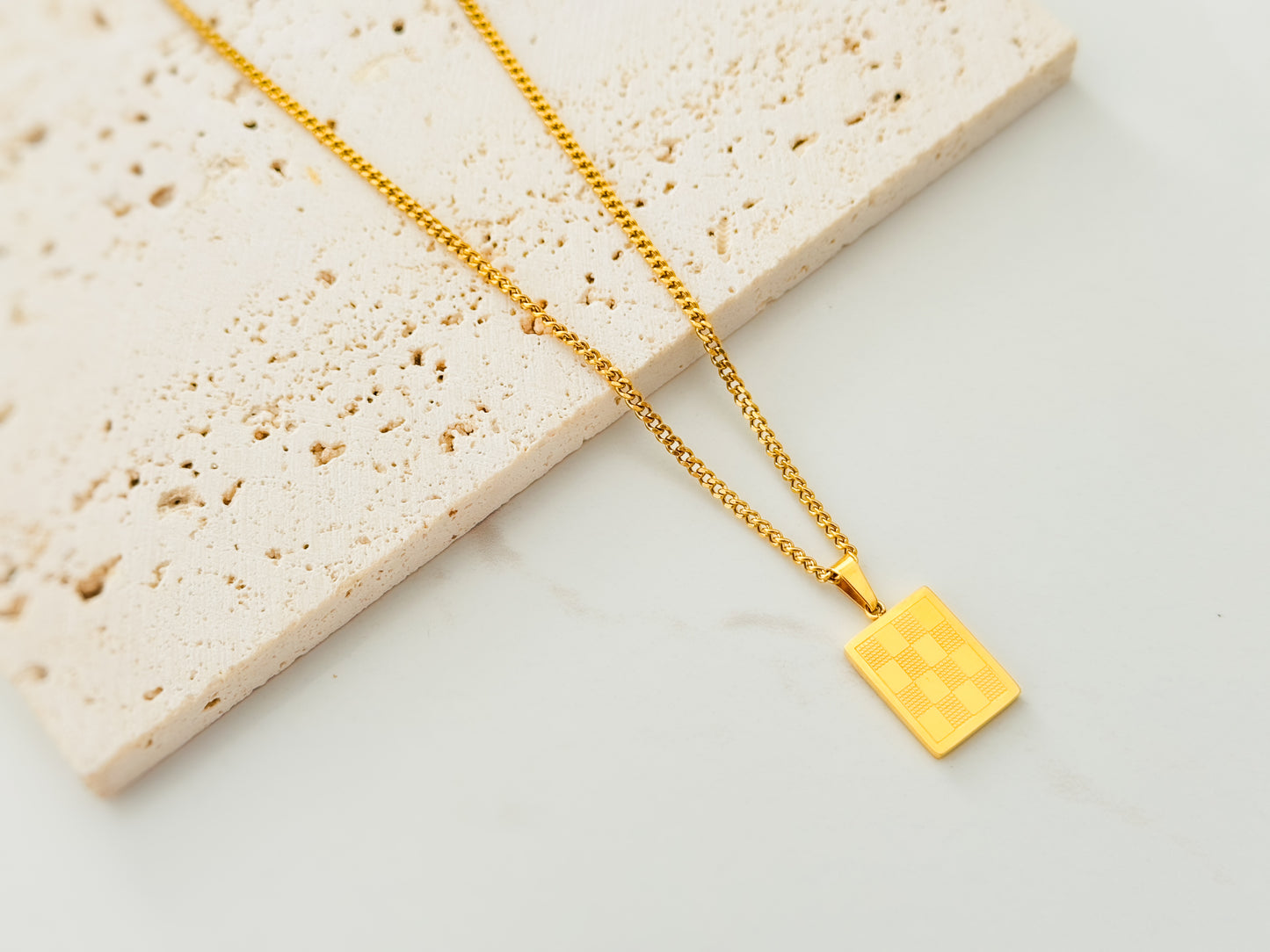 Glamon Checkered Pendant Necklace for Men – Gold Coated 316L Stainless Steel Chain | Waterproof 2mm Cuban Link | Premium Gift For men