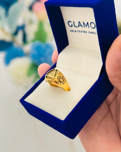 Glamon Guardian Eye Ring for Men – Gold Coated 316L Stainless Steel Evil Eye Signet Ring Luxury Waterproof Statement Jewelry Gift for Him