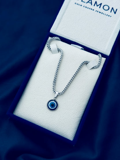 Guardian Eye Necklace for Men – Silver Color Evil Eye Pendant with 3mm Diamond Cut Franco Chain | 316L Stainless Steel Waterproof Necklace