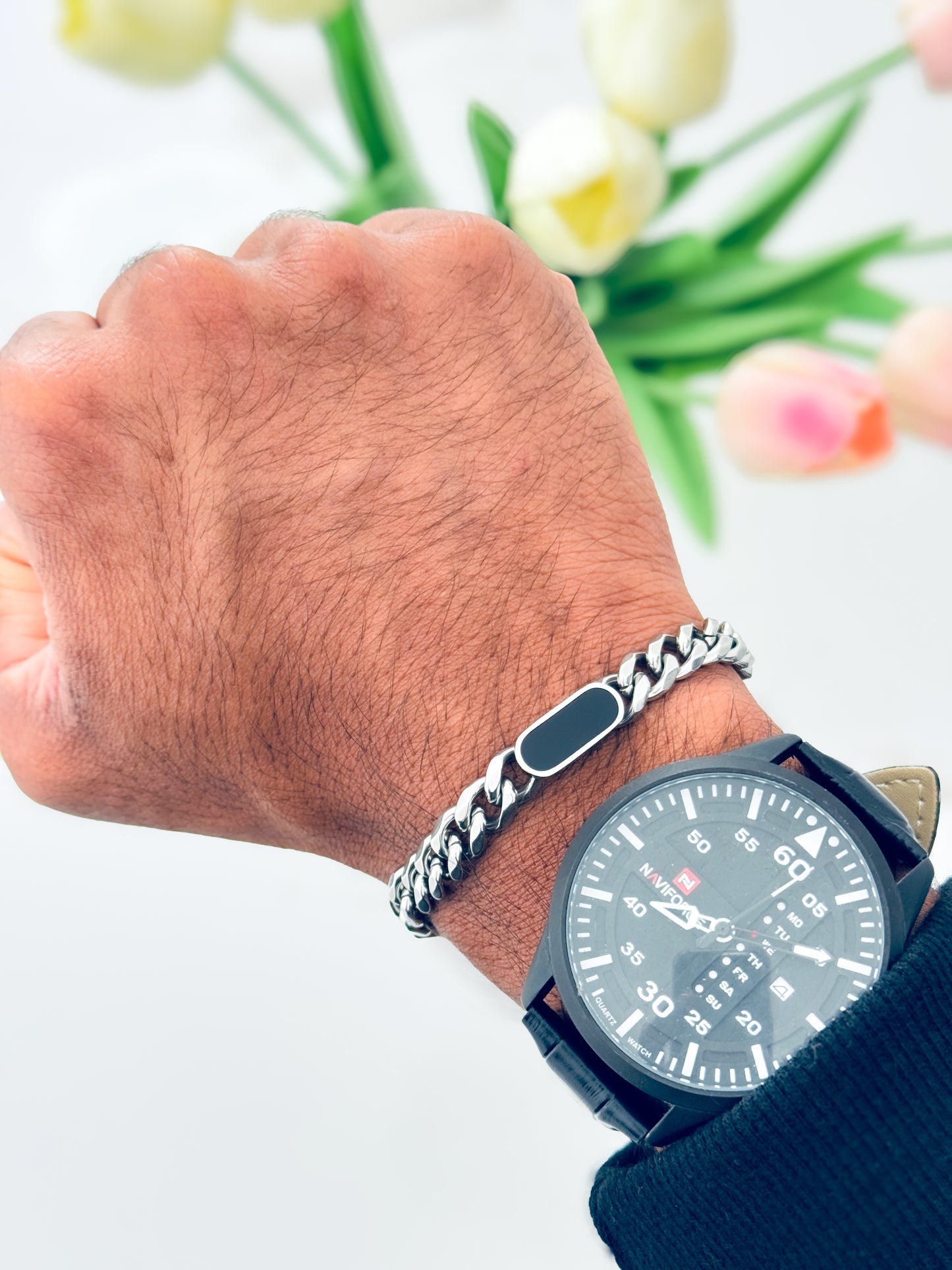 Glamon Midnight Luxe Men’s Silver Bracelet – 316L Stainless Steel Curb Chain Bracelet | Luxury Gift for Boyfriend