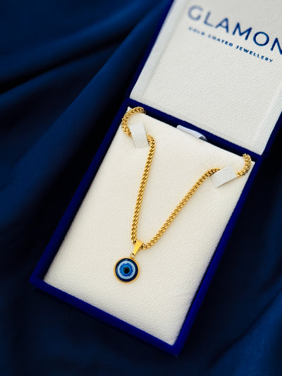 Guardian Eye Necklace for Men – Luxury Gold Coated Evil Eye Pendant with 3mm Franco Chain | Waterproof Stainless Steel Gift