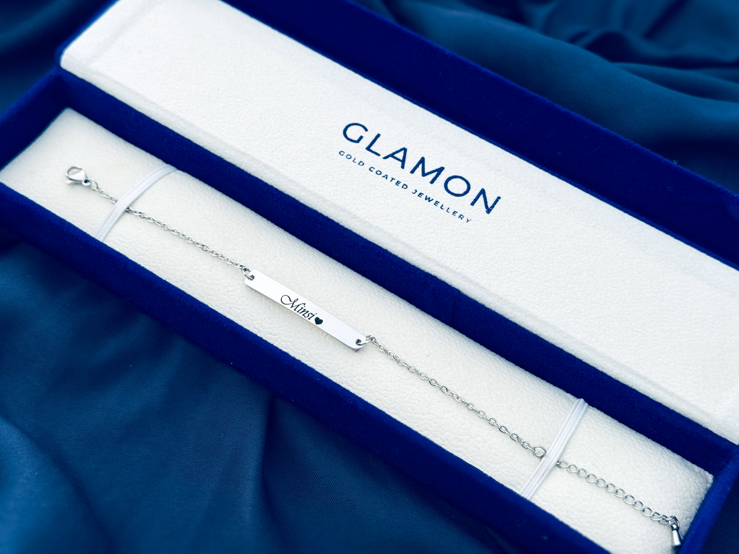 Glamon Name Engraved Silver Bracelet for Girls | Customized 316L Stainless Steel Waterproof Bracelet | Premium Gift for Her with Box & Bag