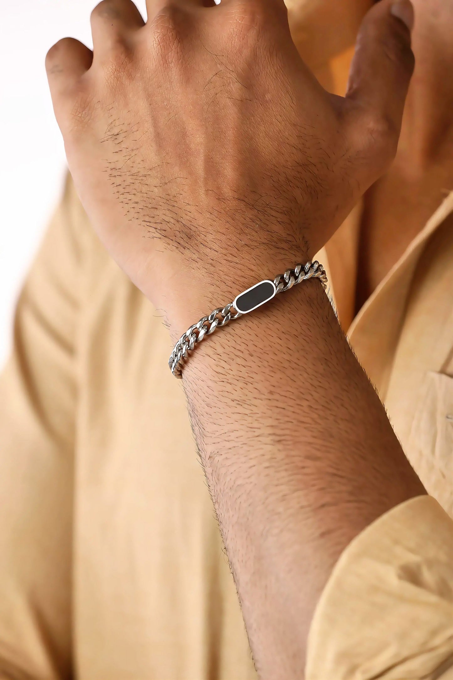 Glamon Midnight Luxe Men’s Silver Bracelet – 316L Stainless Steel Curb Chain Bracelet | Luxury Gift for Boyfriend