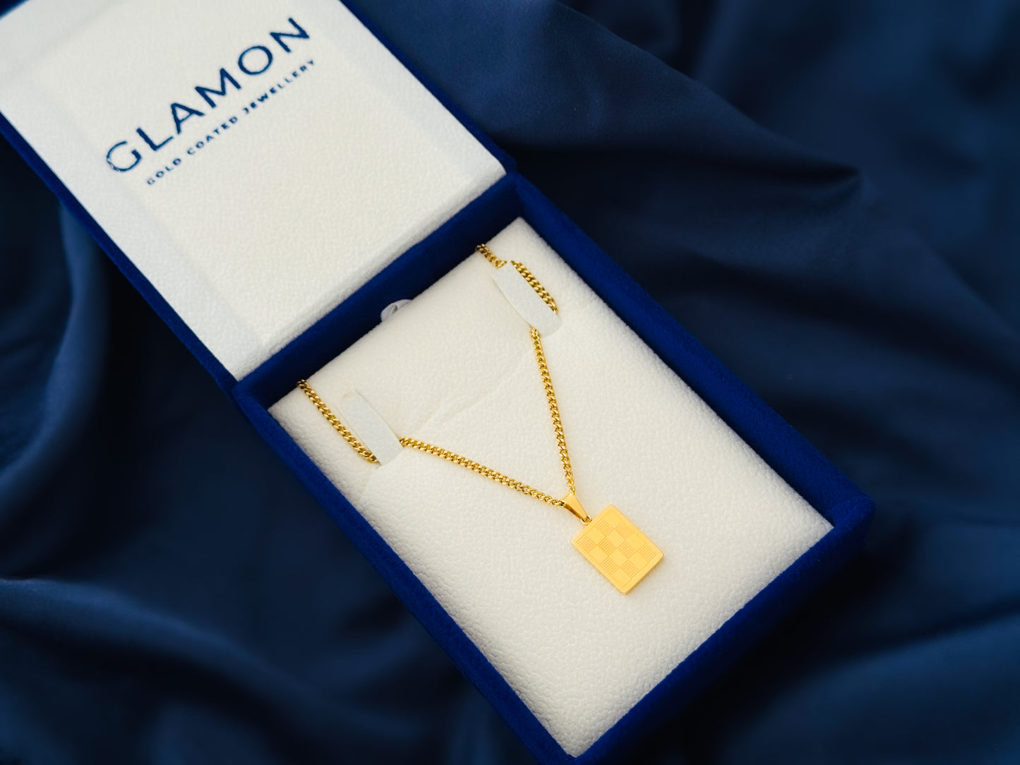 Glamon Checkered Pendant Necklace for Men – Gold Coated 316L Stainless Steel Chain | Waterproof 2mm Cuban Link | Premium Gift For men