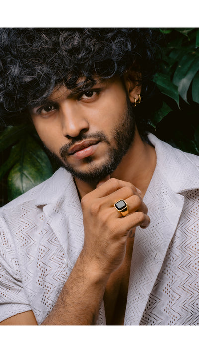 Glamon Luxury Men's Ring Gold Coated - Natural Black ONYX Stone