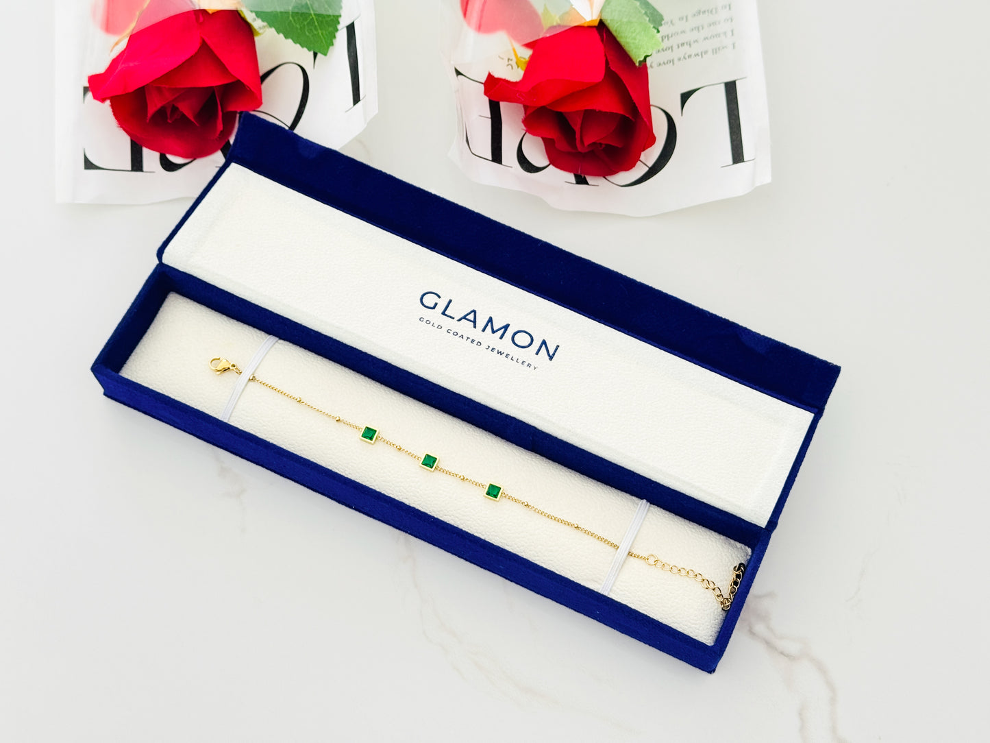 Glamon Green Zircon Bracelet – Gold Coated Luxury Chain Bracelet for Women | Emerald-Tone Zircon Stones | Adjustable Elegant Gift Jewelry for Daily Wear & Special Occasions