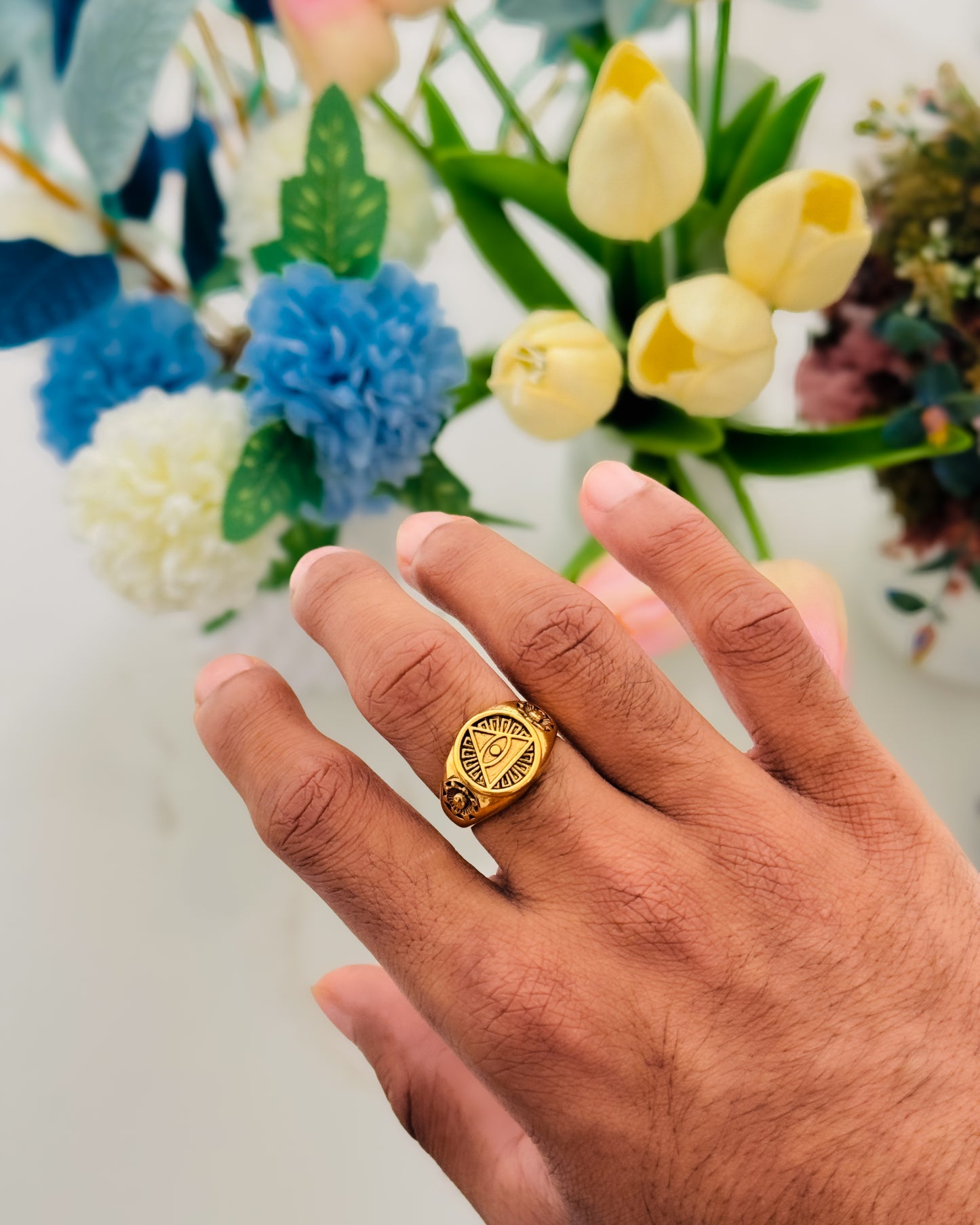 Glamon Guardian Eye Ring for Men – Gold Coated 316L Stainless Steel Evil Eye Signet Ring Luxury Waterproof Statement Jewelry Gift for Him