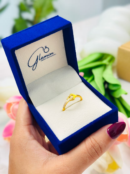 Glamon Crystal Heart Promise Ring – Gold Coated Zircon Heart Ring for Women | Waterproof Stainless Steel | Romantic Gift for Her