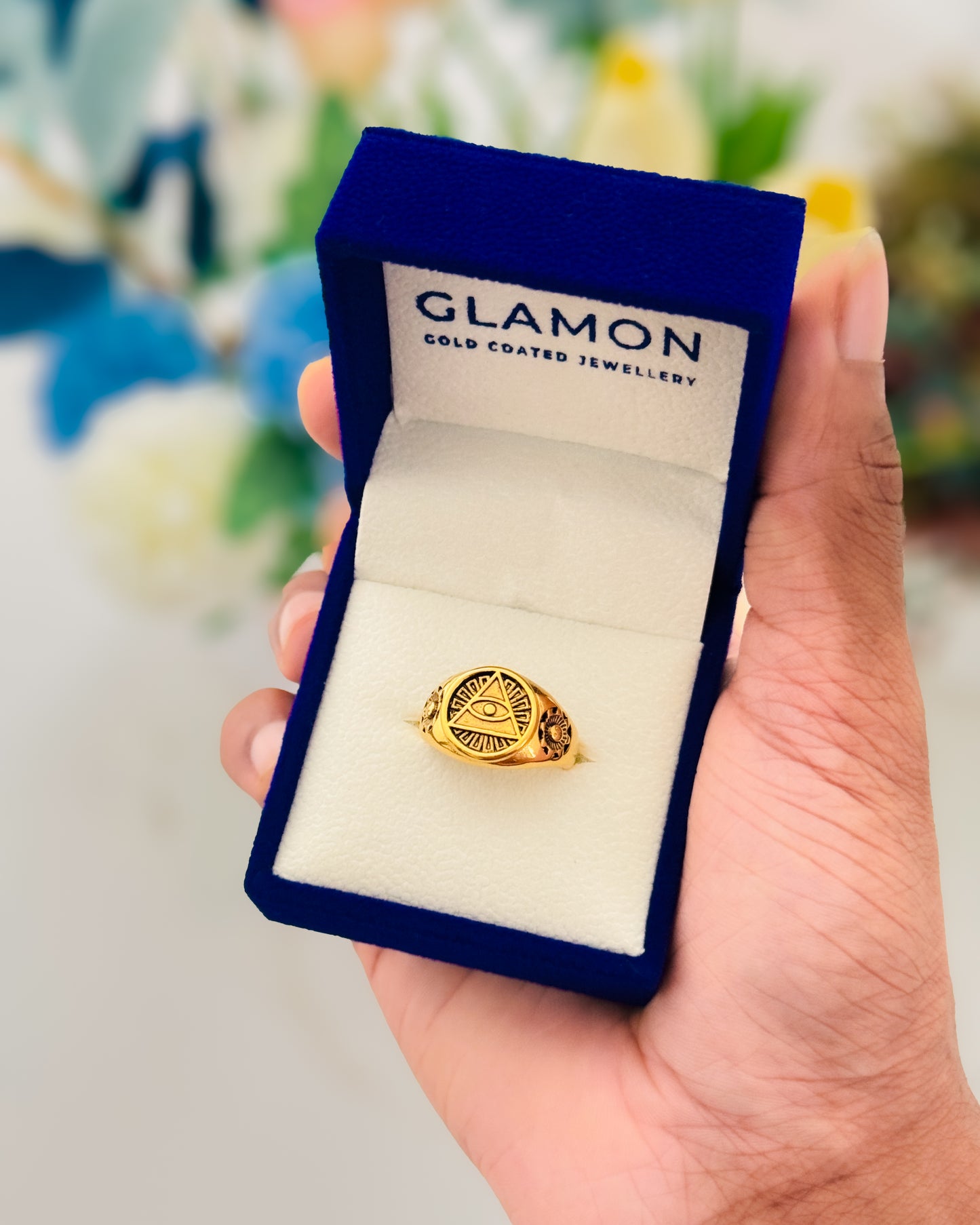 Glamon Guardian Eye Ring for Men – Gold Coated 316L Stainless Steel Evil Eye Signet Ring Luxury Waterproof Statement Jewelry Gift for Him