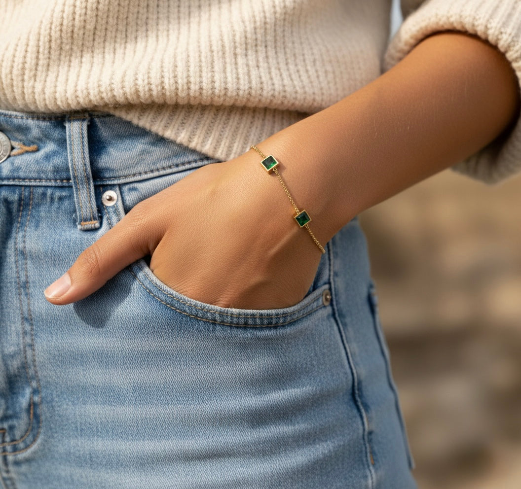 Glamon Green Zircon Bracelet – Gold Coated Luxury Chain Bracelet for Women | Emerald-Tone Zircon Stones | Adjustable Elegant Gift Jewelry for Daily Wear & Special Occasions