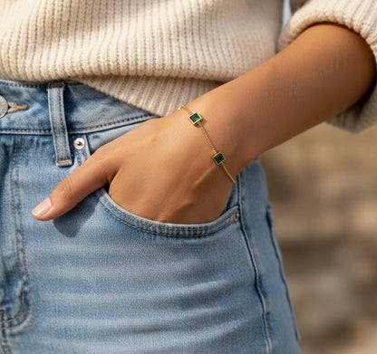 Glamon Green Zircon Bracelet – Gold Coated Luxury Chain Bracelet for Women | Emerald-Tone Zircon Stones | Adjustable Elegant Gift Jewelry for Daily Wear & Special Occasions