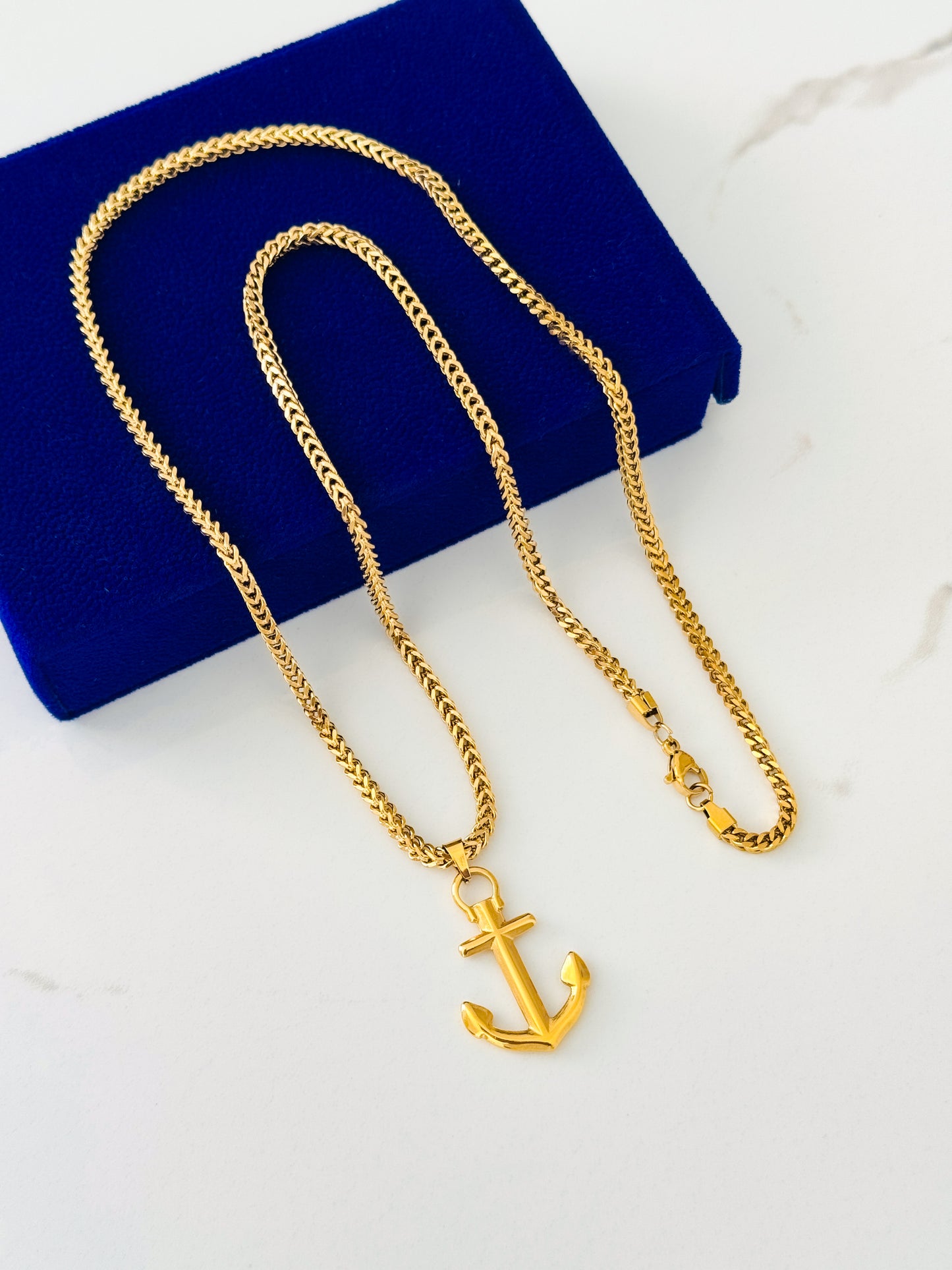 Glamon New Gold Coated Anchor Pendant with 3mm Franco Chain | 60cm Premium Men’s Necklace