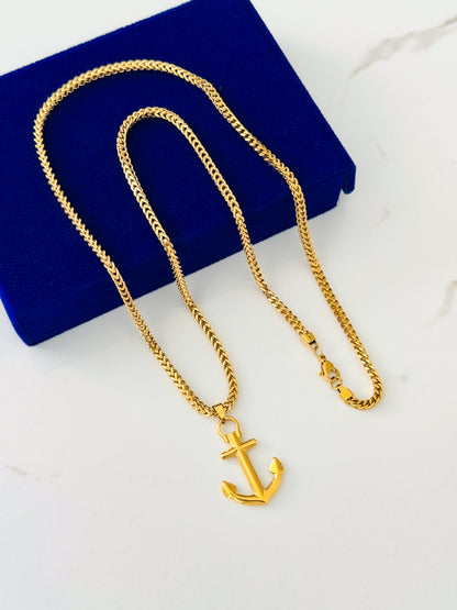 Glamon New Gold Coated Anchor Pendant with 3mm Franco Chain | 60cm Premium Men’s Necklace