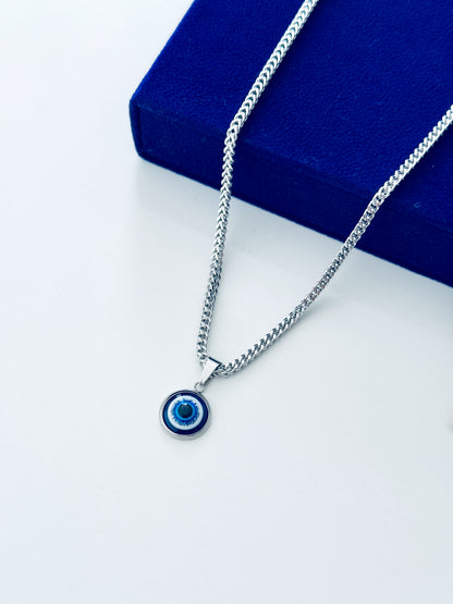 Guardian Eye Necklace for Men – Silver Color Evil Eye Pendant with 3mm Diamond Cut Franco Chain | 316L Stainless Steel Waterproof Necklace