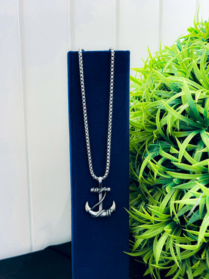 Glamon Anchor Pendant Necklace for Men – Silver Stainless Steel Chain | Luxury High-Quality Gift for Boyfriend